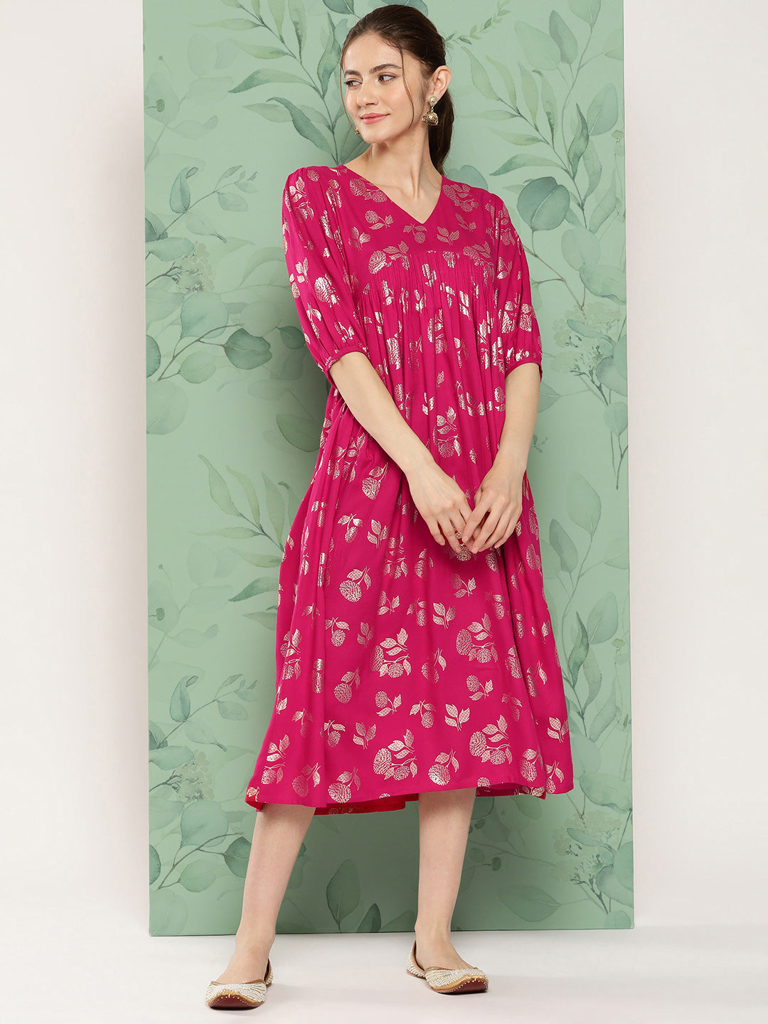 Janasya Women's Pink Rayon Foil Printed Festive Gathered Kurta | Swadesiicart