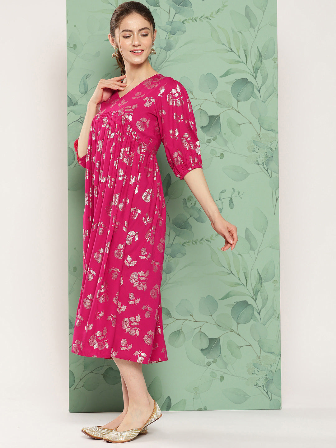 Janasya Women's Pink Rayon Foil Printed Festive Gathered Kurta | Swadesiicart