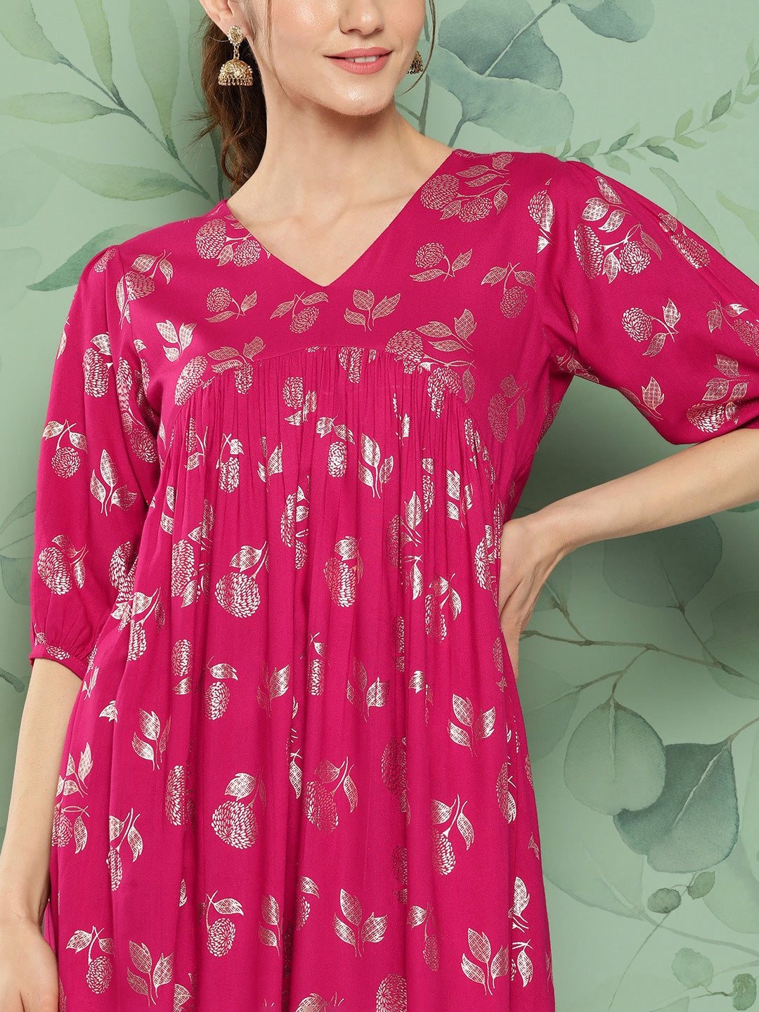 Janasya Women's Pink Rayon Foil Printed Festive Gathered Kurta | Swadesiicart
