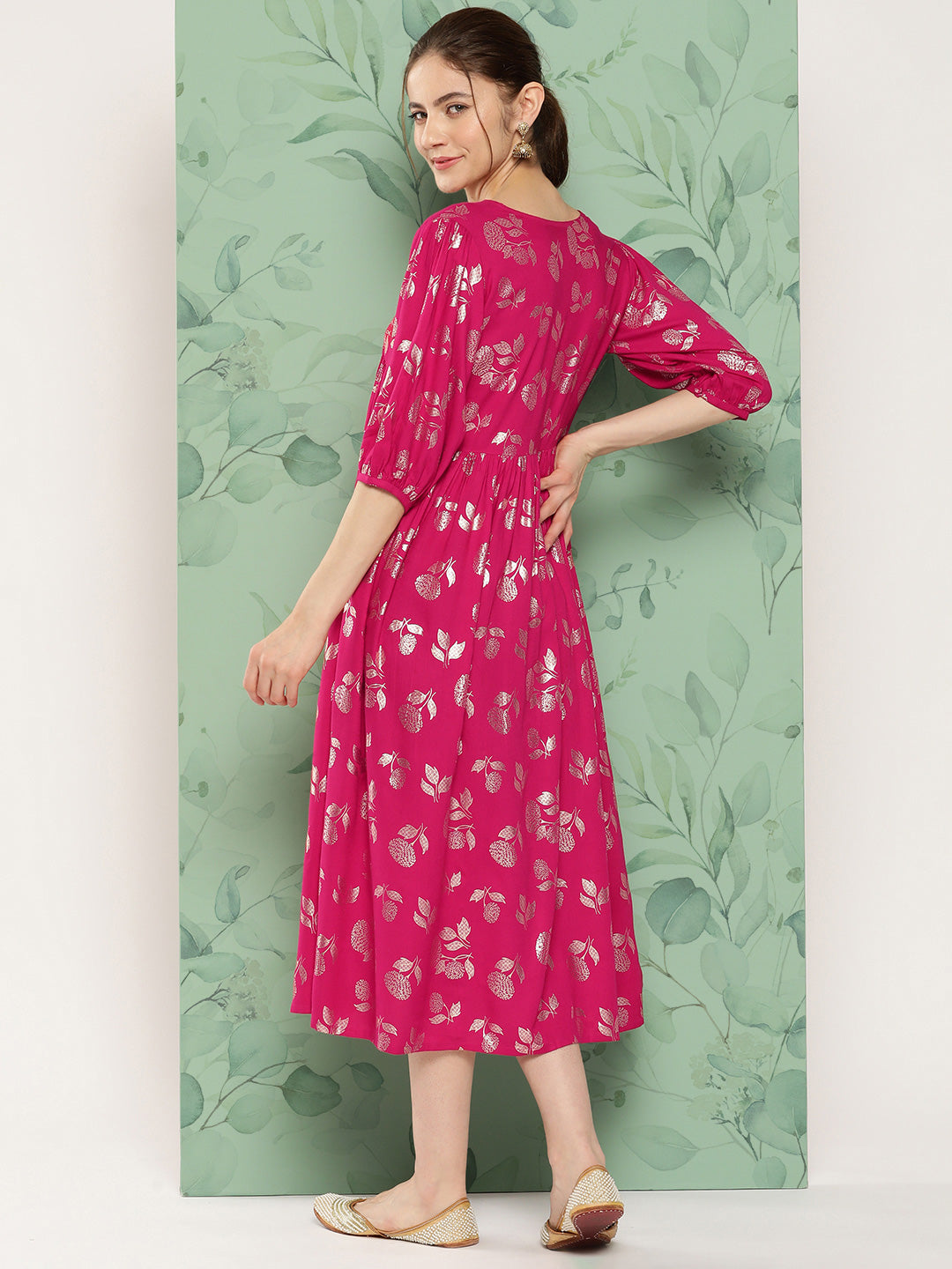 Janasya Women's Pink Rayon Foil Printed Festive Gathered Kurta | Swadesiicart