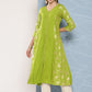 Janasya Women's Lime Green Rayon Foil Printed Festive A-Line Kurta | Swadesiicart