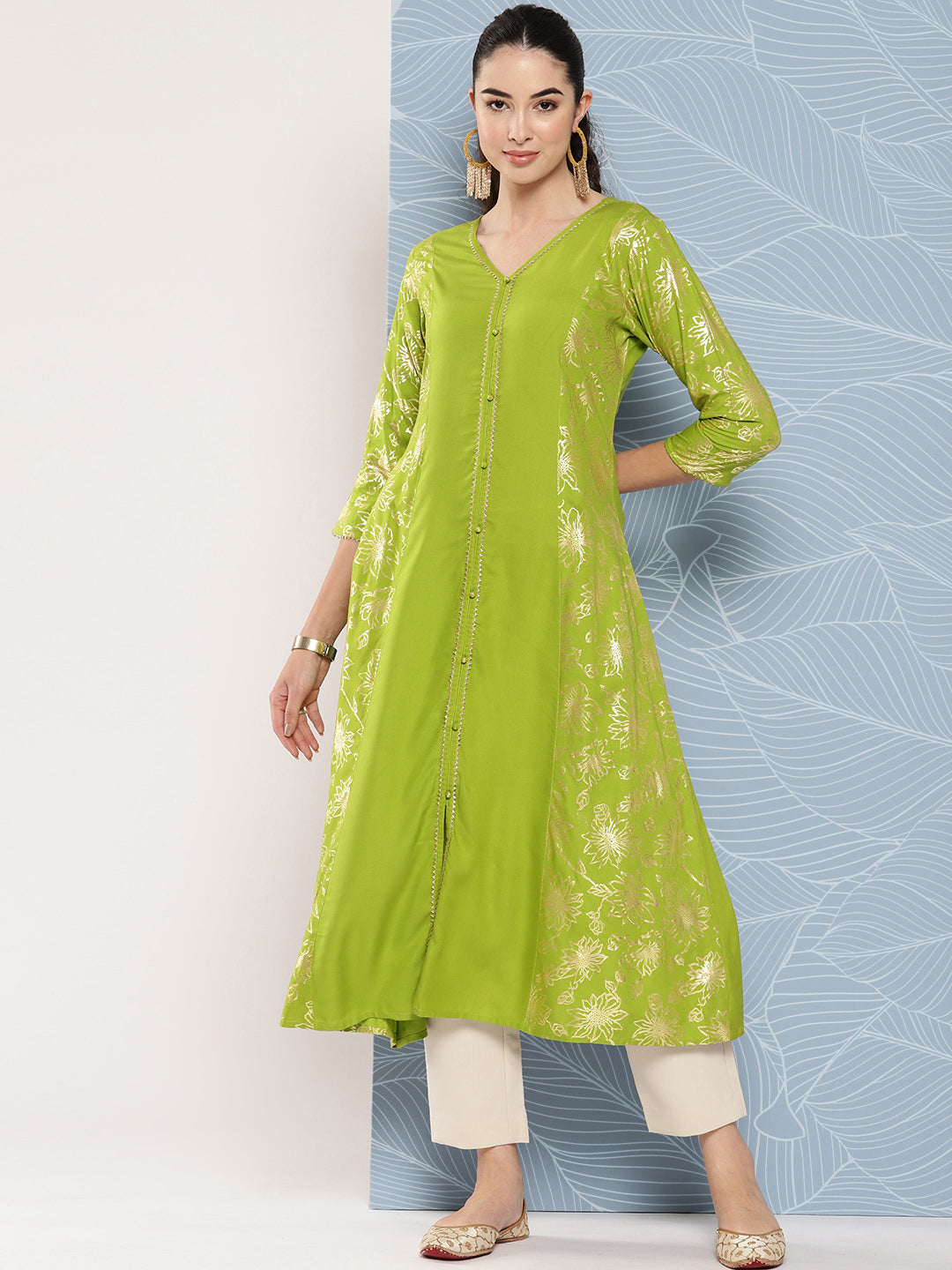 Janasya Women's Lime Green Rayon Foil Printed Festive A-Line Kurta | Swadesiicart