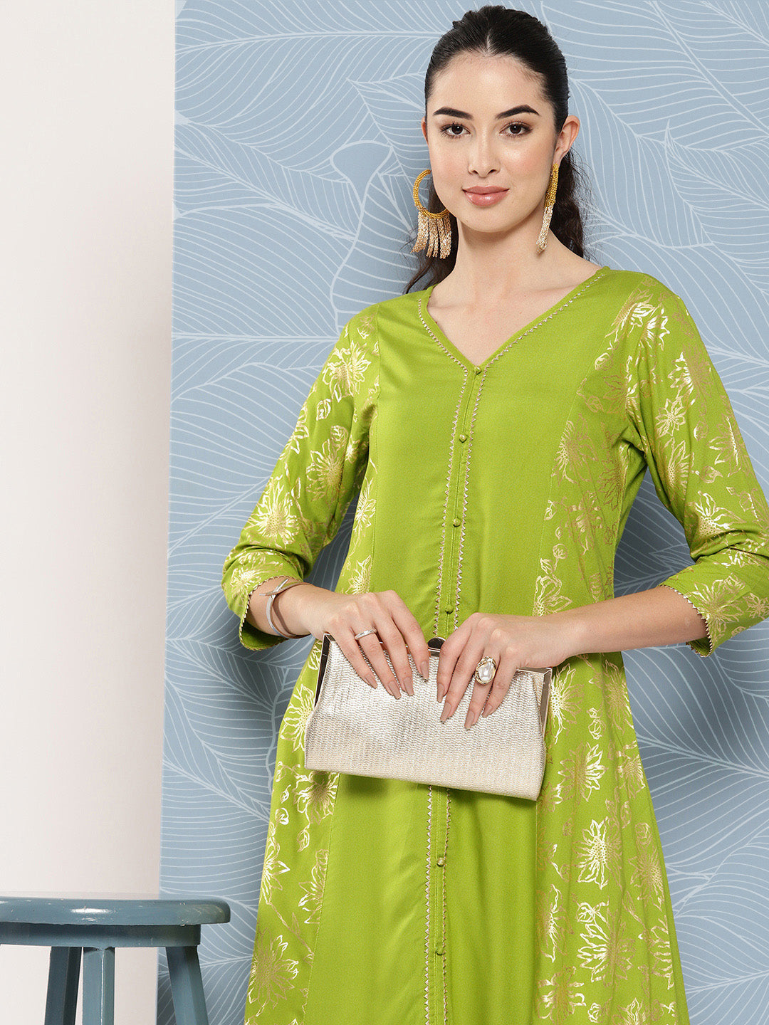 Janasya Women's Lime Green Rayon Foil Printed Festive A-Line Kurta | Swadesiicart