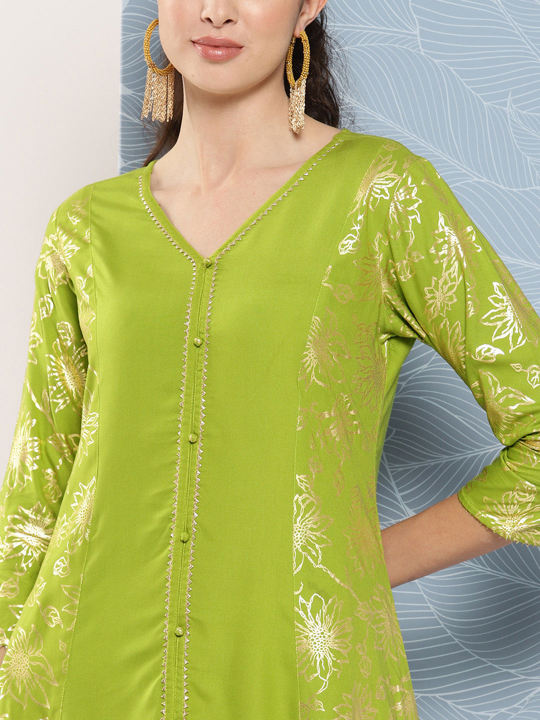 Janasya Women's Lime Green Rayon Foil Printed Festive A-Line Kurta | Swadesiicart
