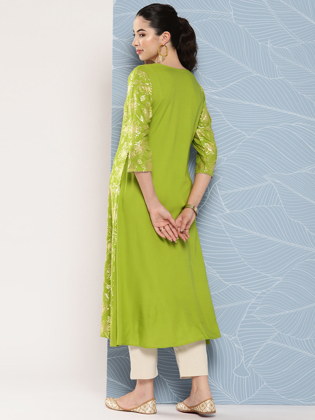 Janasya Women's Lime Green Rayon Foil Printed Festive A-Line Kurta | Swadesiicart