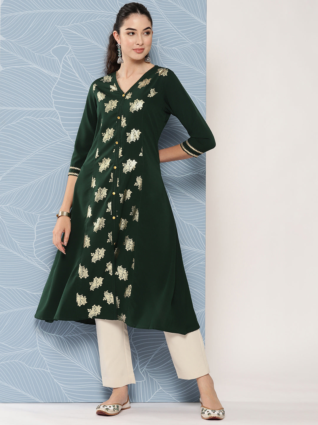 Janasya Women's Bottle Green Crepe Foil Printed Festive A-Line Kurta | Swadesiicart