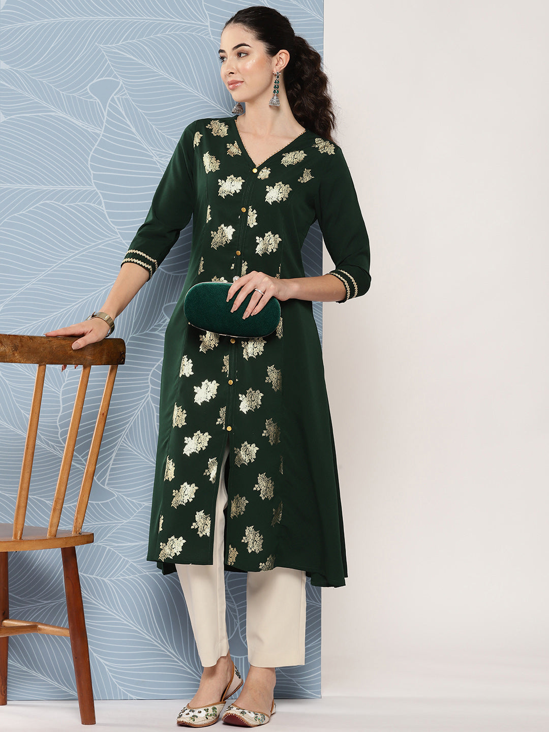 Janasya Women's Bottle Green Crepe Foil Printed Festive A-Line Kurta | Swadesiicart