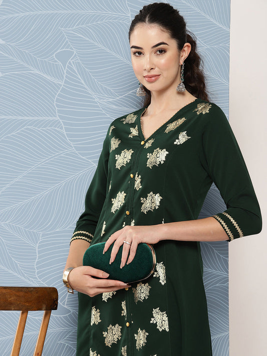 Janasya Women's Bottle Green Crepe Foil Printed Festive A-Line Kurta | Swadesiicart