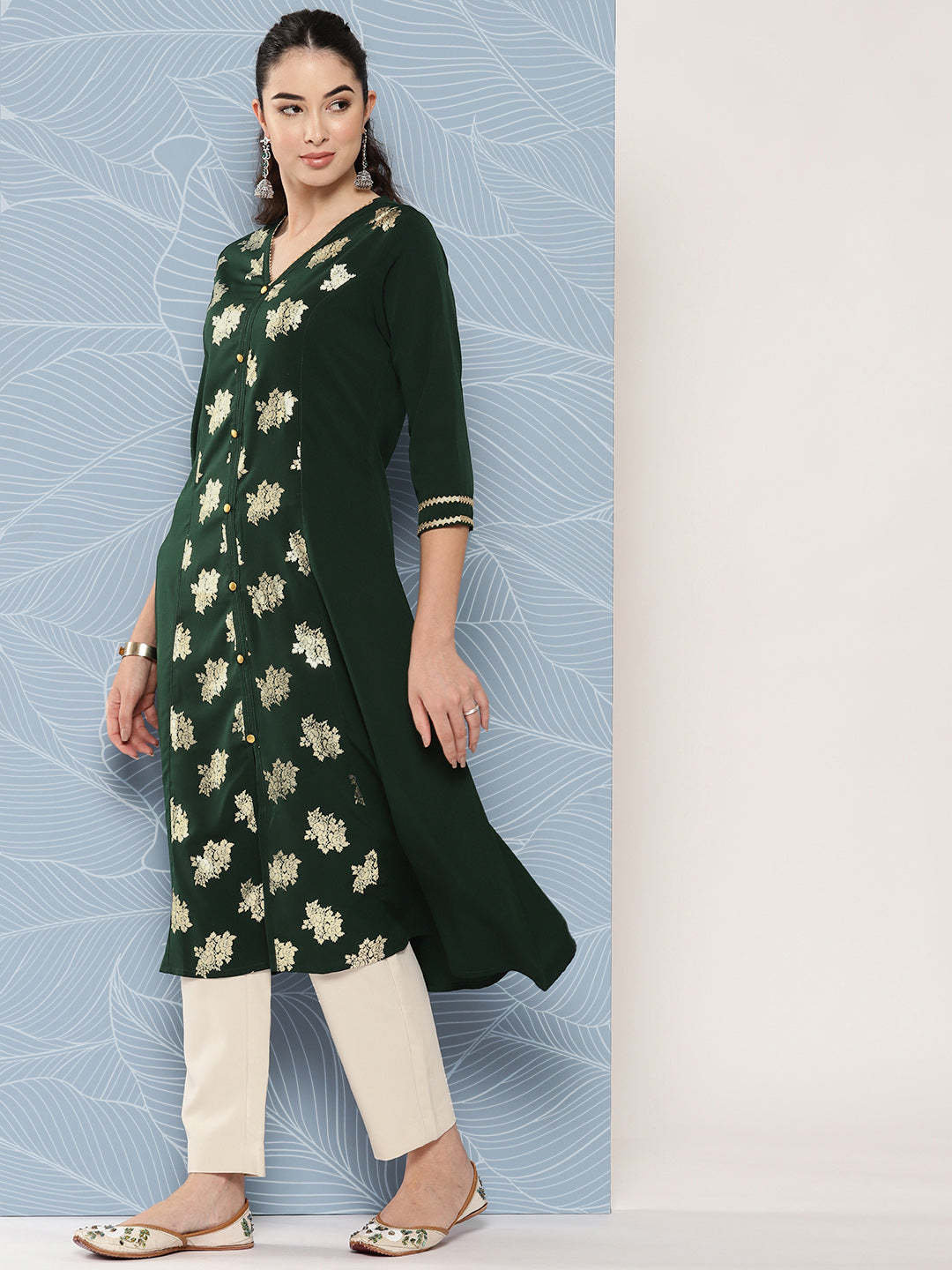 Janasya Women's Bottle Green Crepe Foil Printed Festive A-Line Kurta | Swadesiicart