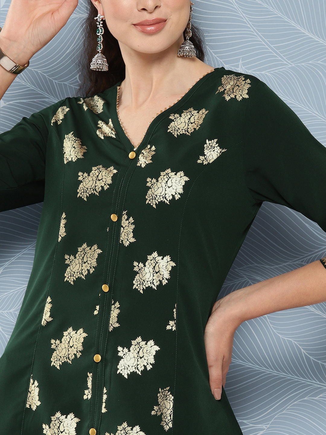 Janasya Women's Bottle Green Crepe Foil Printed Festive A-Line Kurta | Swadesiicart