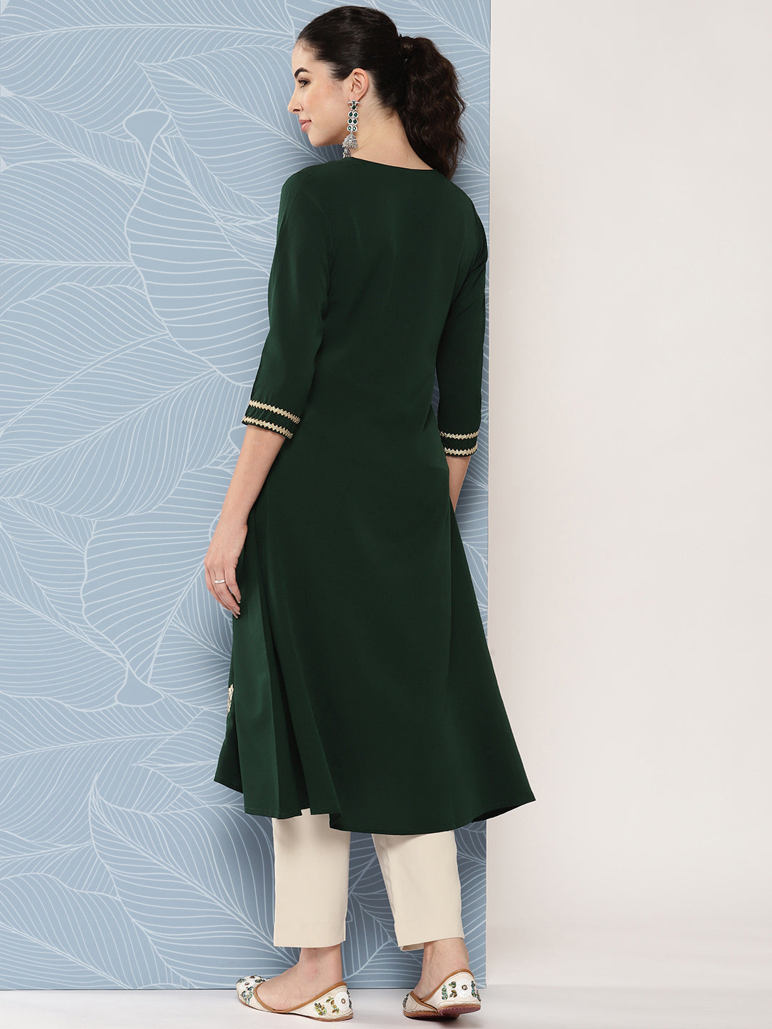 Janasya Women's Bottle Green Crepe Foil Printed Festive A-Line Kurta | Swadesiicart