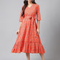 Janasya Women's Orange Cotton Ethnic Motifs Printed Ruffled Casual Dress | Swadesiicart