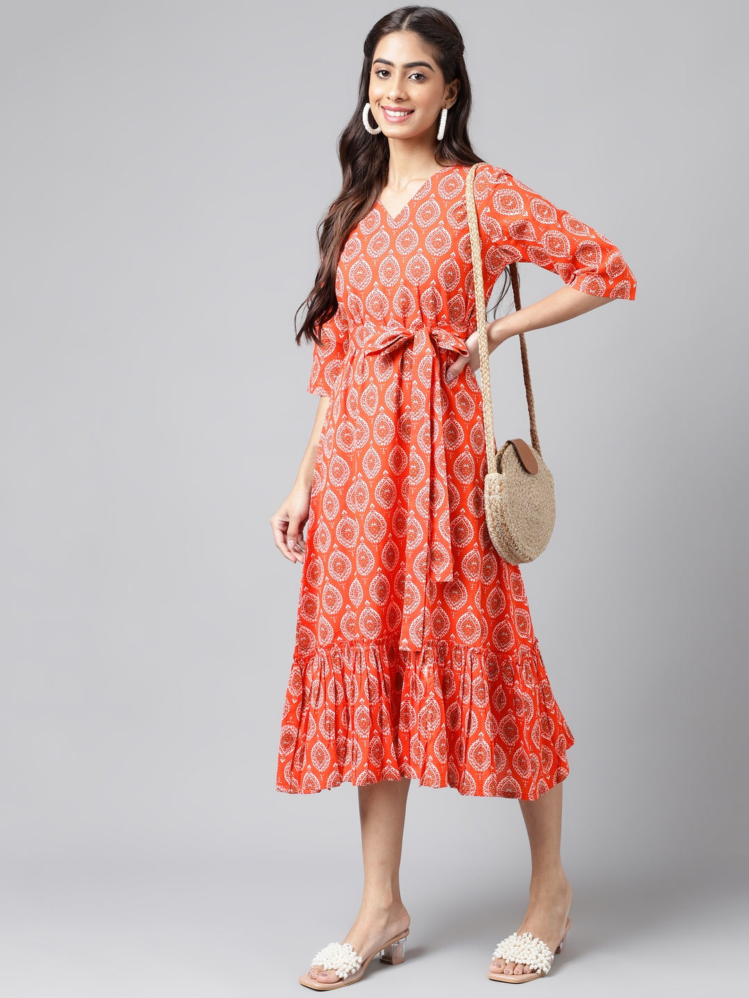 Janasya Women's Orange Cotton Ethnic Motifs Printed Ruffled Casual Dress | Swadesiicart