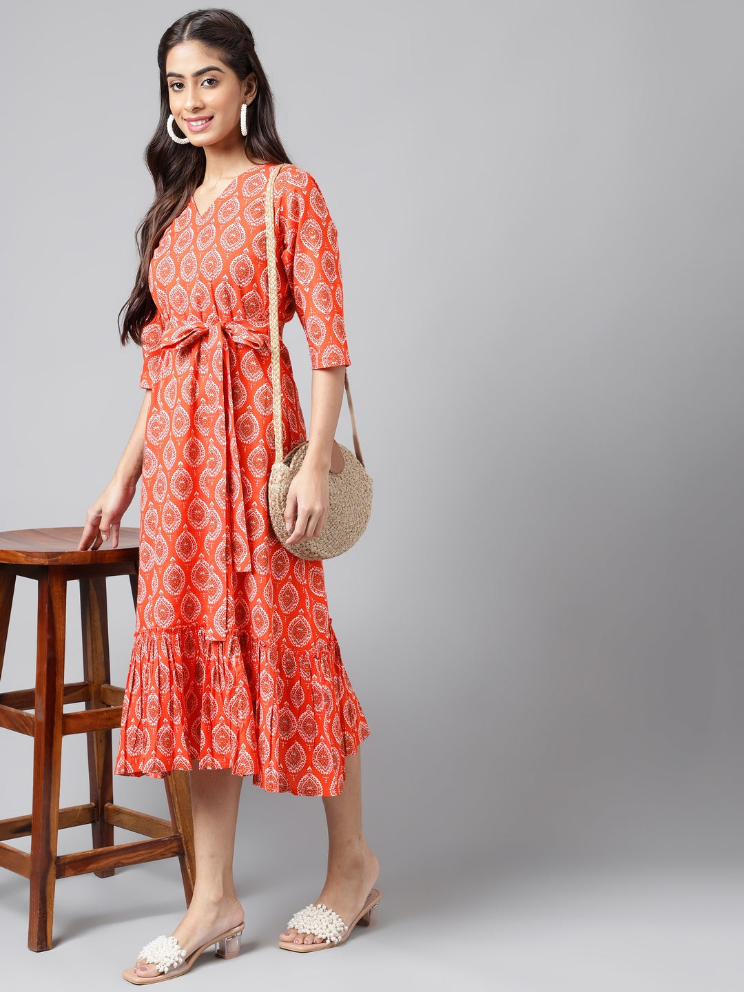 Janasya Women's Orange Cotton Ethnic Motifs Printed Ruffled Casual Dress | Swadesiicart