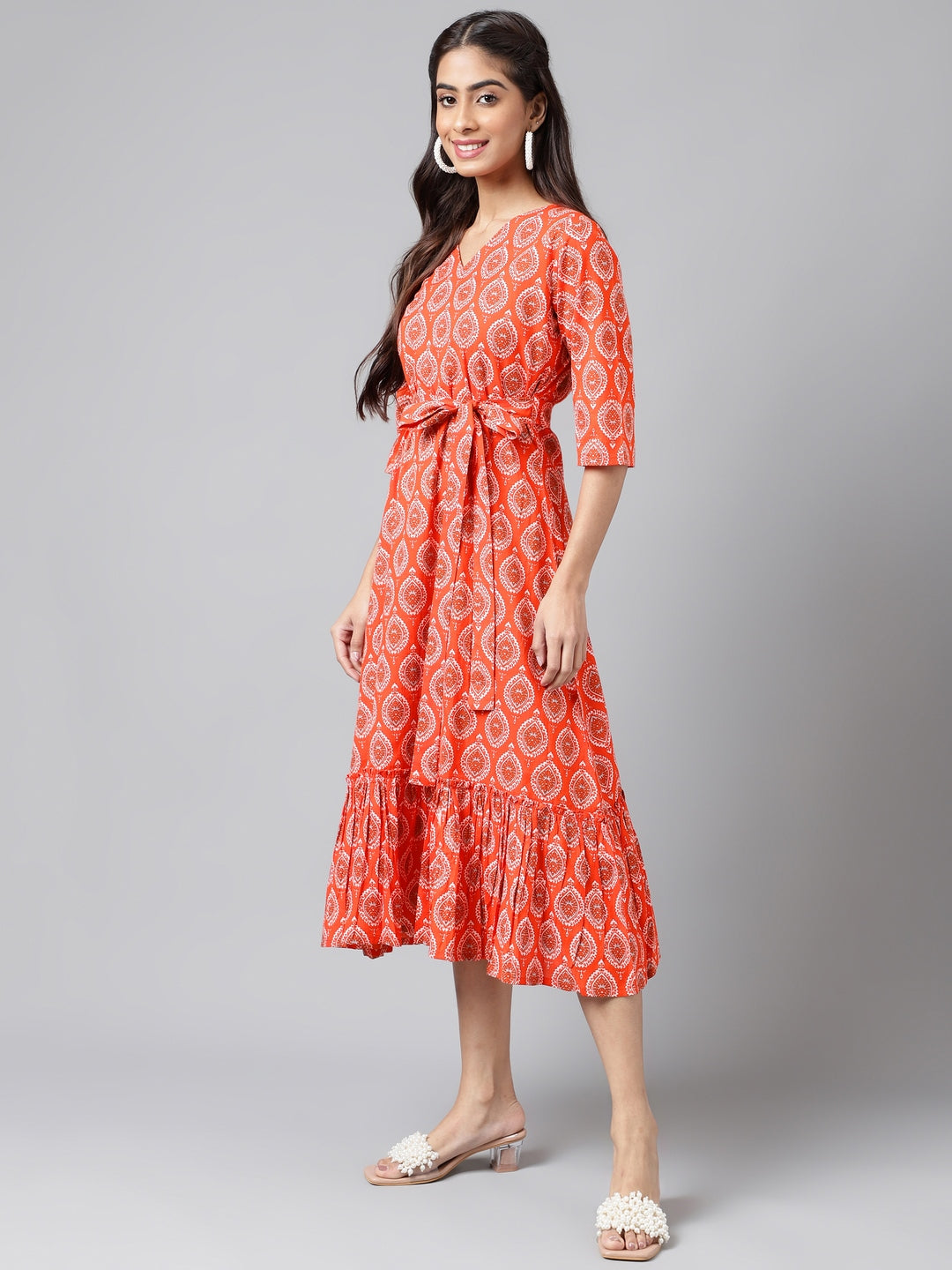 Janasya Women's Orange Cotton Ethnic Motifs Printed Ruffled Casual Dress | Swadesiicart
