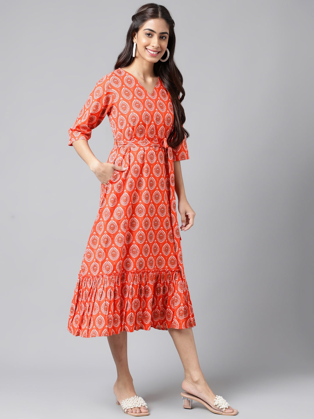 Janasya Women's Orange Cotton Ethnic Motifs Printed Ruffled Casual Dress | Swadesiicart