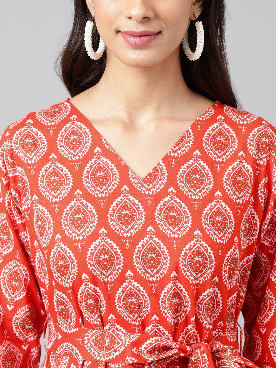 Janasya Women's Orange Cotton Ethnic Motifs Printed Ruffled Casual Dress | Swadesiicart