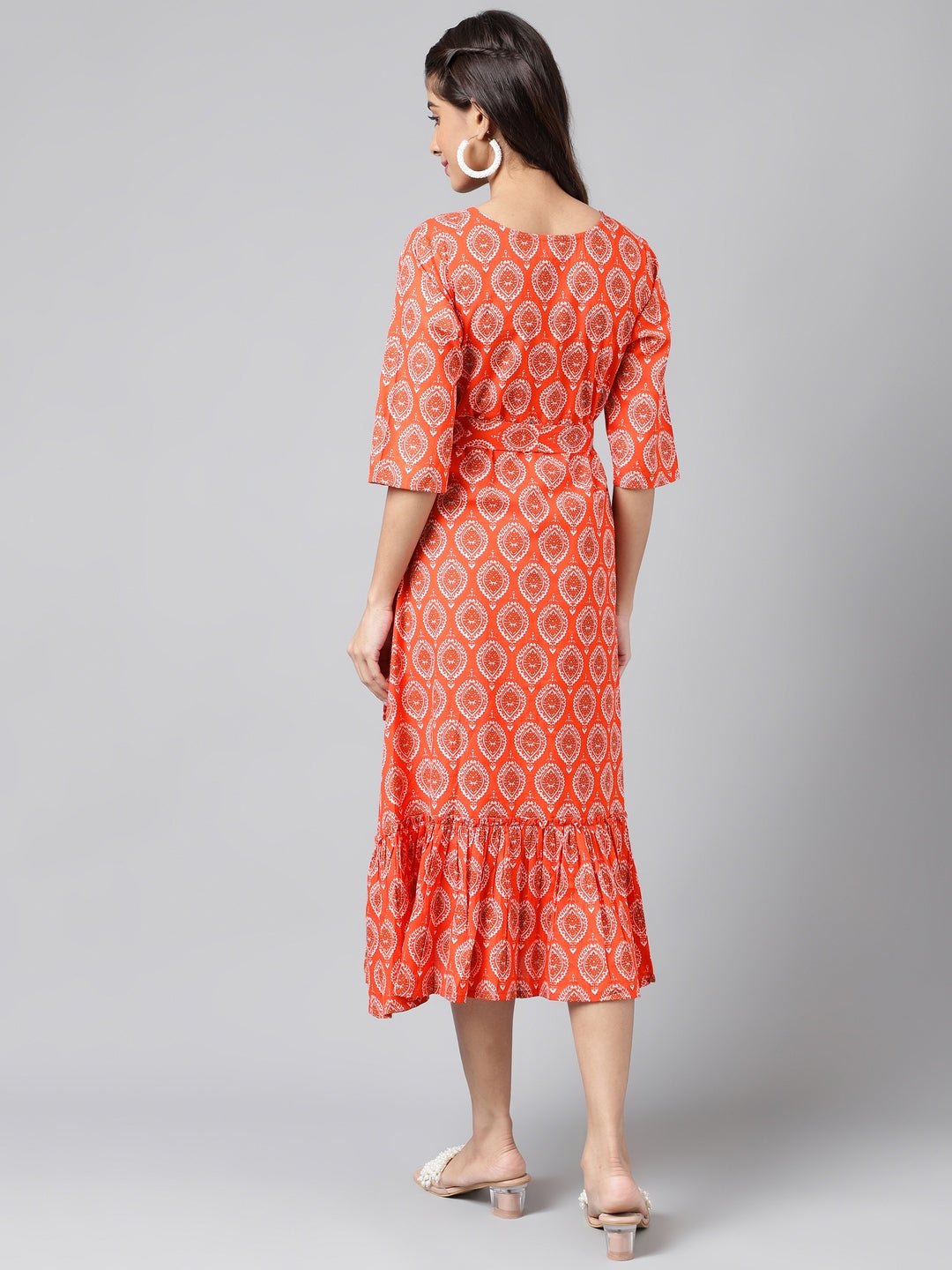 Janasya Women's Orange Cotton Ethnic Motifs Printed Ruffled Casual Dress | Swadesiicart