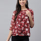 Janasya Women's Maroon Chiffon Lurex Floral Printed Casual Regular Top | Swadesiicart