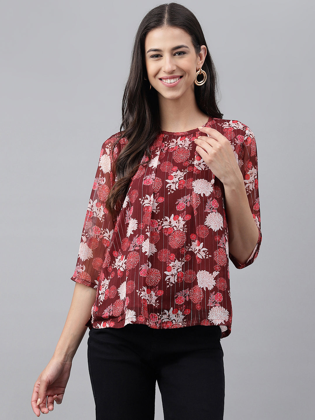Janasya Women's Maroon Chiffon Lurex Floral Printed Casual Regular Top | Swadesiicart