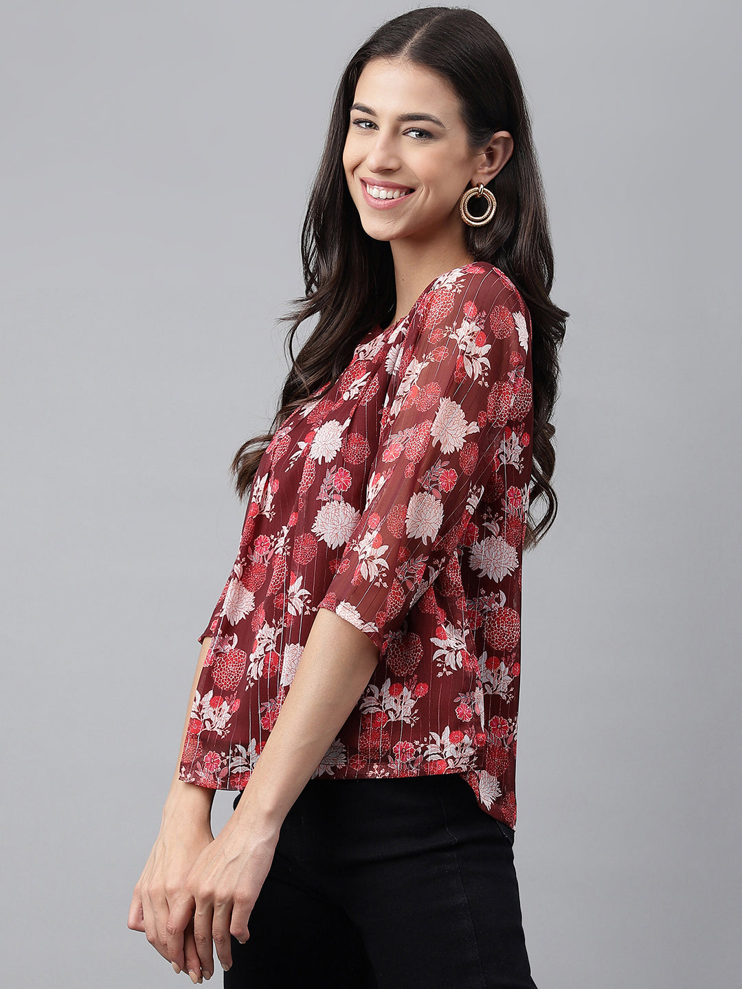 Janasya Women's Maroon Chiffon Lurex Floral Printed Casual Regular Top | Swadesiicart