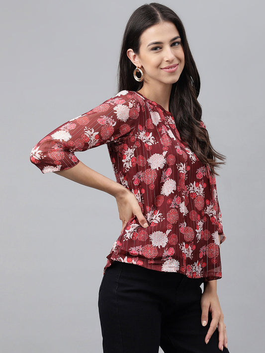 Janasya Women's Maroon Chiffon Lurex Floral Printed Casual Regular Top | Swadesiicart
