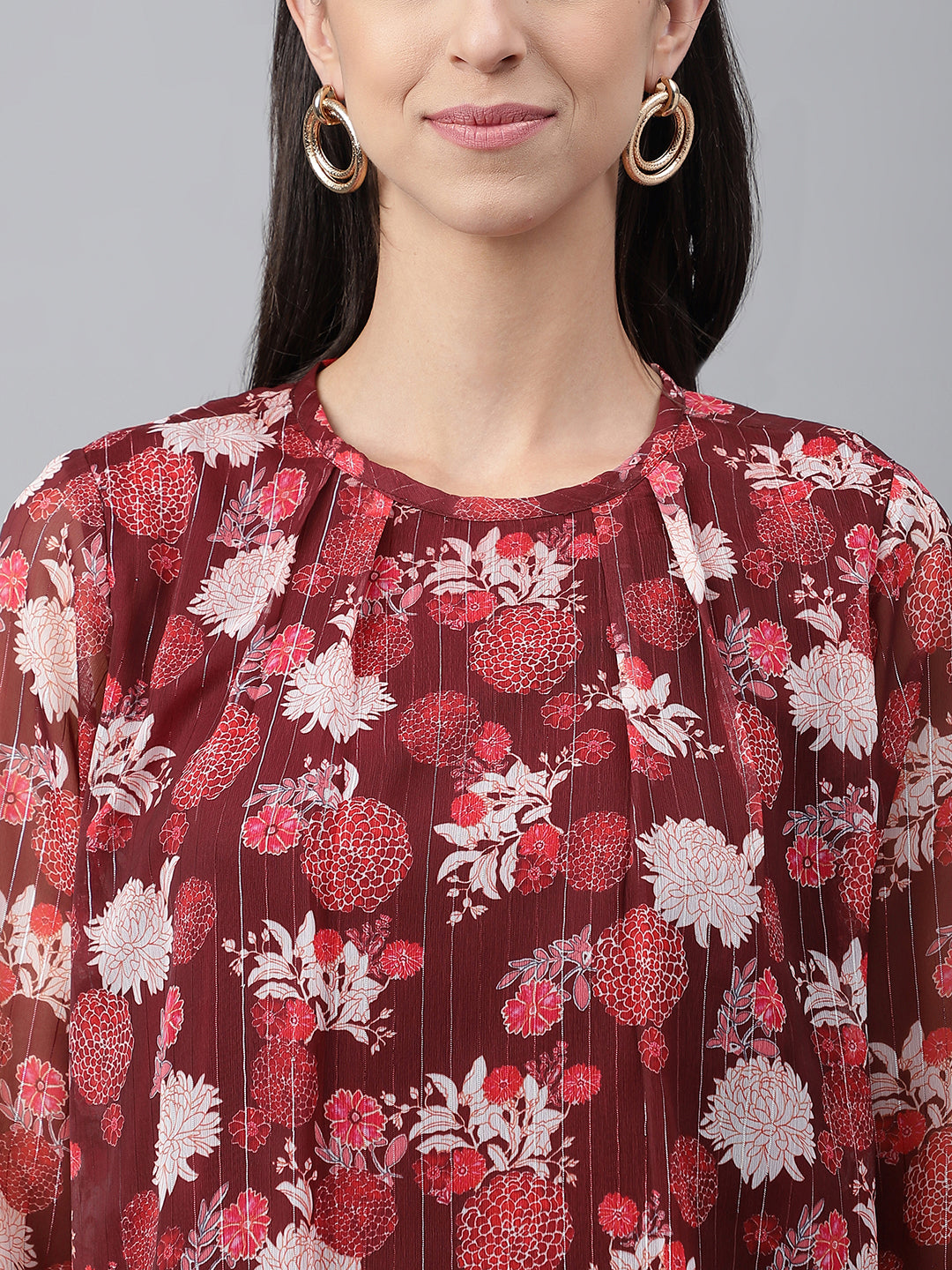 Janasya Women's Maroon Chiffon Lurex Floral Printed Casual Regular Top | Swadesiicart