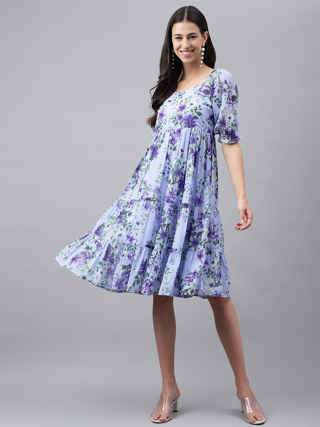Janasya Women's Lavender Georgette Floral Printed Tiered Casual Dress | Swadesiicart