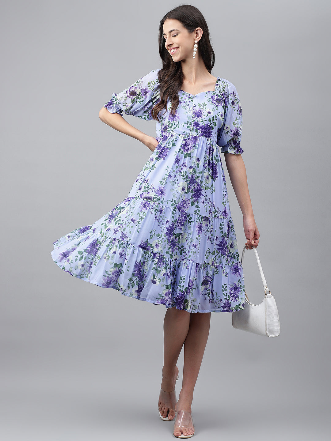 Janasya Women's Lavender Georgette Floral Printed Tiered Casual Dress | Swadesiicart