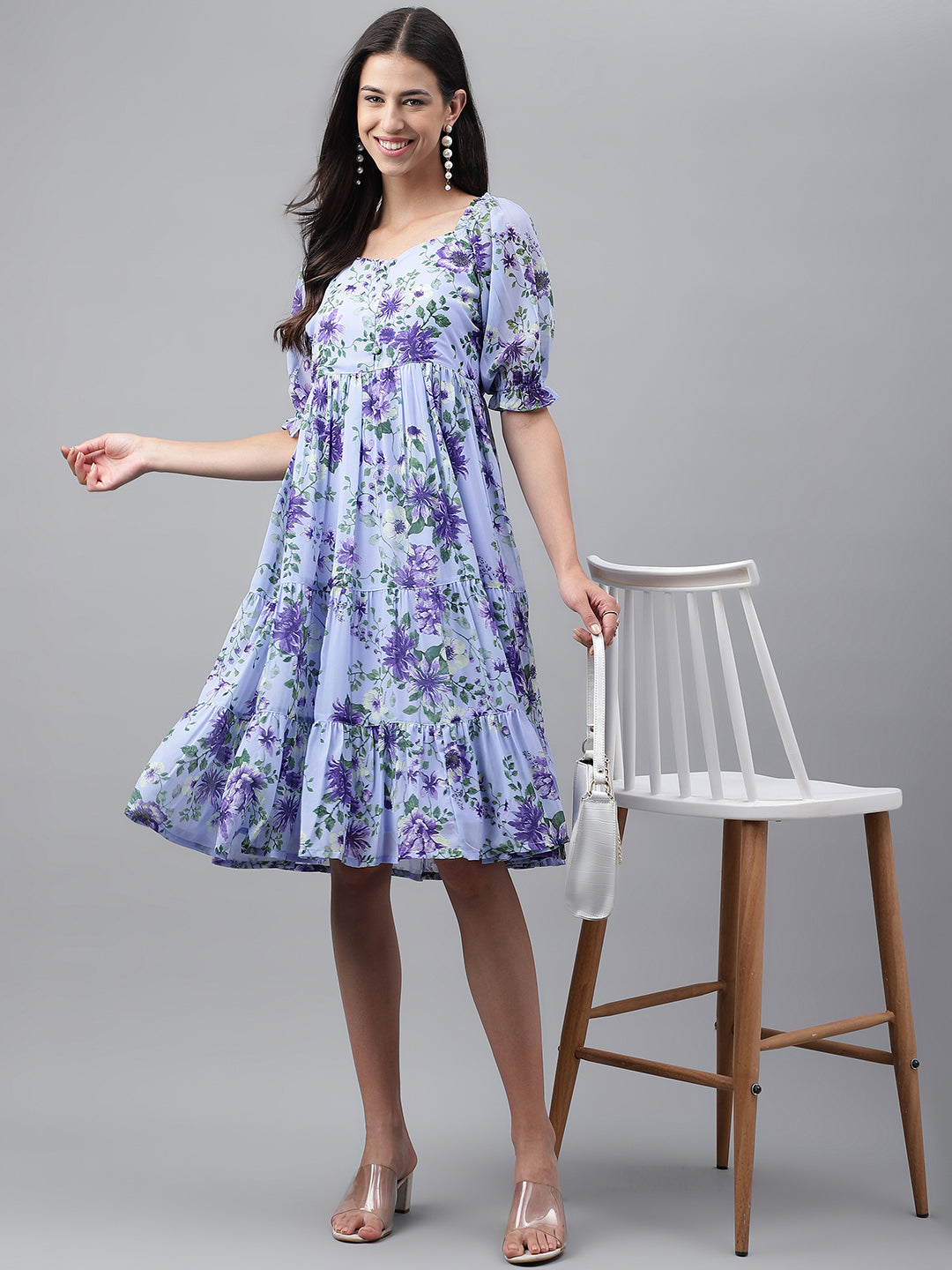 Janasya Women's Lavender Georgette Floral Printed Tiered Casual Dress | Swadesiicart