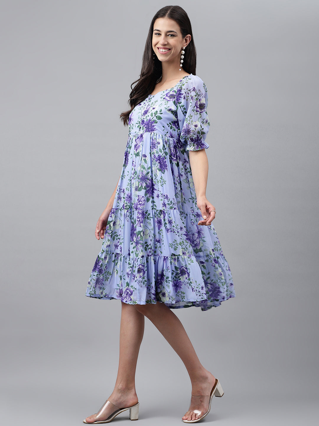 Janasya Women's Lavender Georgette Floral Printed Tiered Casual Dress | Swadesiicart