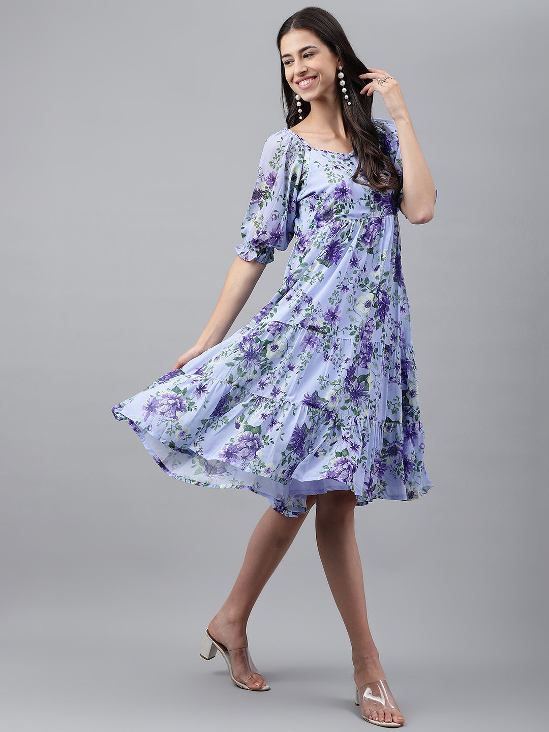 Janasya Women's Lavender Georgette Floral Printed Tiered Casual Dress | Swadesiicart