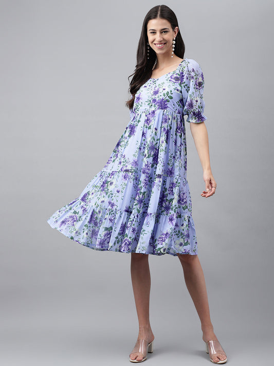 Janasya Women's Lavender Georgette Floral Printed Tiered Casual Dress | Swadesiicart
