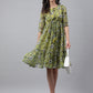Janasya Women's Olive Green Chiffon Lurex Floral Printed Flared Casual Dress | Swadesiicart