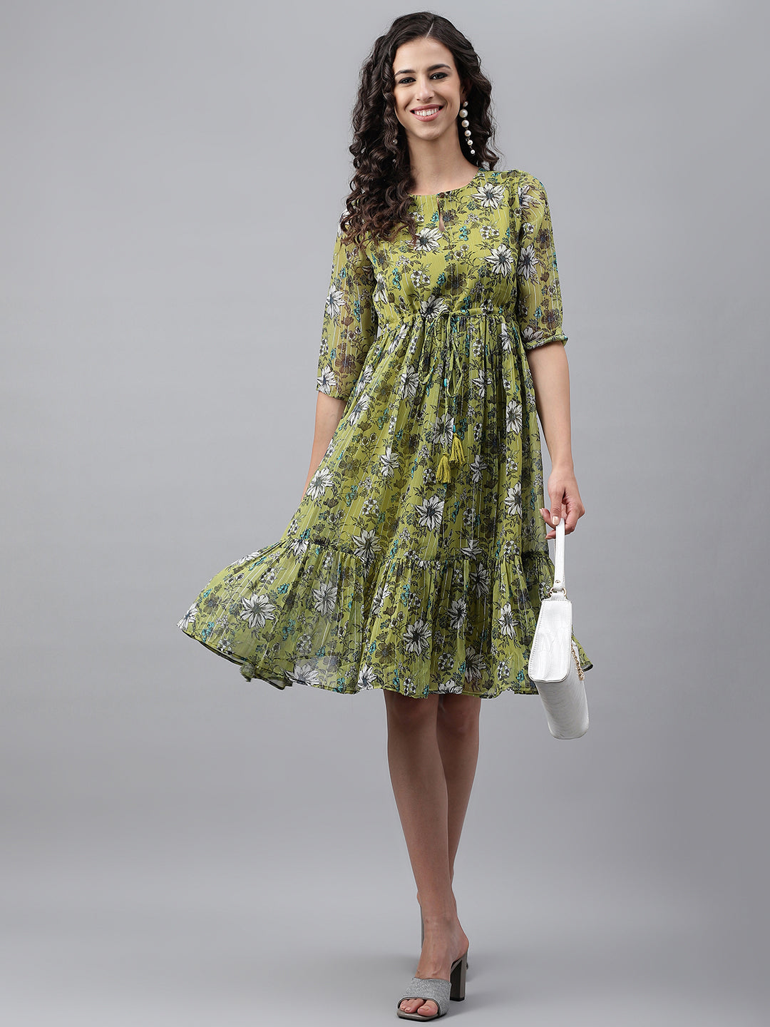 Janasya Women's Olive Green Chiffon Lurex Floral Printed Flared Casual Dress | Swadesiicart