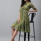 Janasya Women's Olive Green Chiffon Lurex Floral Printed Flared Casual Dress | Swadesiicart