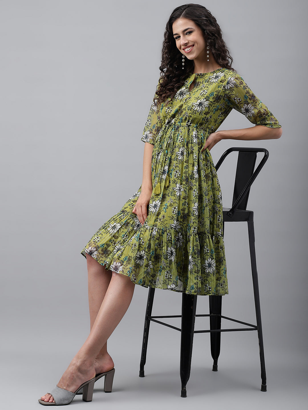 Janasya Women's Olive Green Chiffon Lurex Floral Printed Flared Casual Dress | Swadesiicart