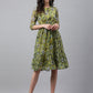 Janasya Women's Olive Green Chiffon Lurex Floral Printed Flared Casual Dress | Swadesiicart
