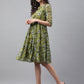 Janasya Women's Olive Green Chiffon Lurex Floral Printed Flared Casual Dress | Swadesiicart