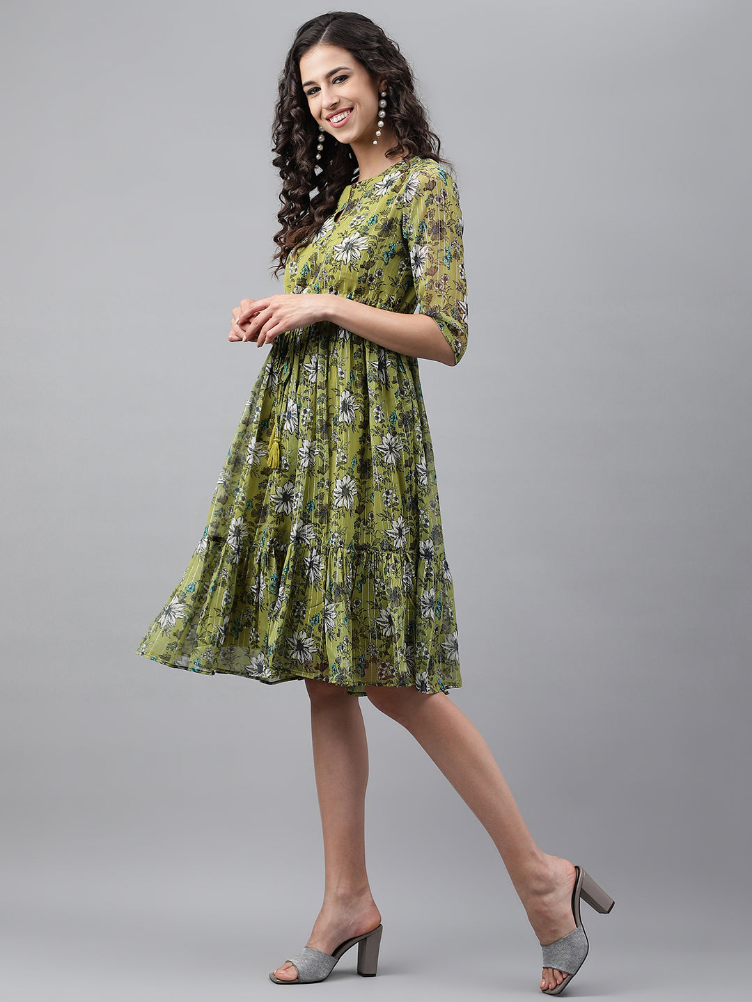 Janasya Women's Olive Green Chiffon Lurex Floral Printed Flared Casual Dress | Swadesiicart