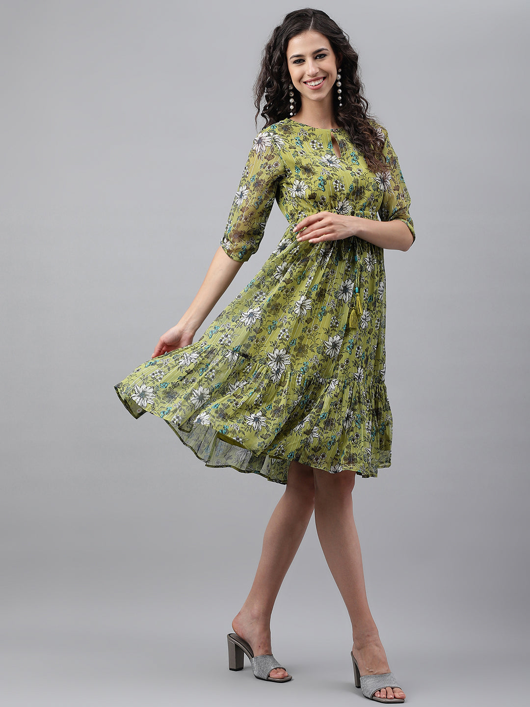 Janasya Women's Olive Green Chiffon Lurex Floral Printed Flared Casual Dress | Swadesiicart