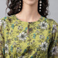 Janasya Women's Olive Green Chiffon Lurex Floral Printed Flared Casual Dress | Swadesiicart