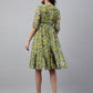 Janasya Women's Olive Green Chiffon Lurex Floral Printed Flared Casual Dress | Swadesiicart