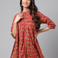 Janasya Women's Red Cotton Floral Printed Casual Empire Tunic | Swadesiicart