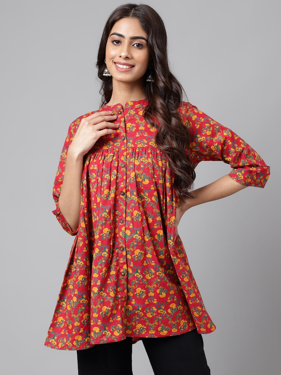 Janasya Women's Red Cotton Floral Printed Casual Empire Tunic | Swadesiicart