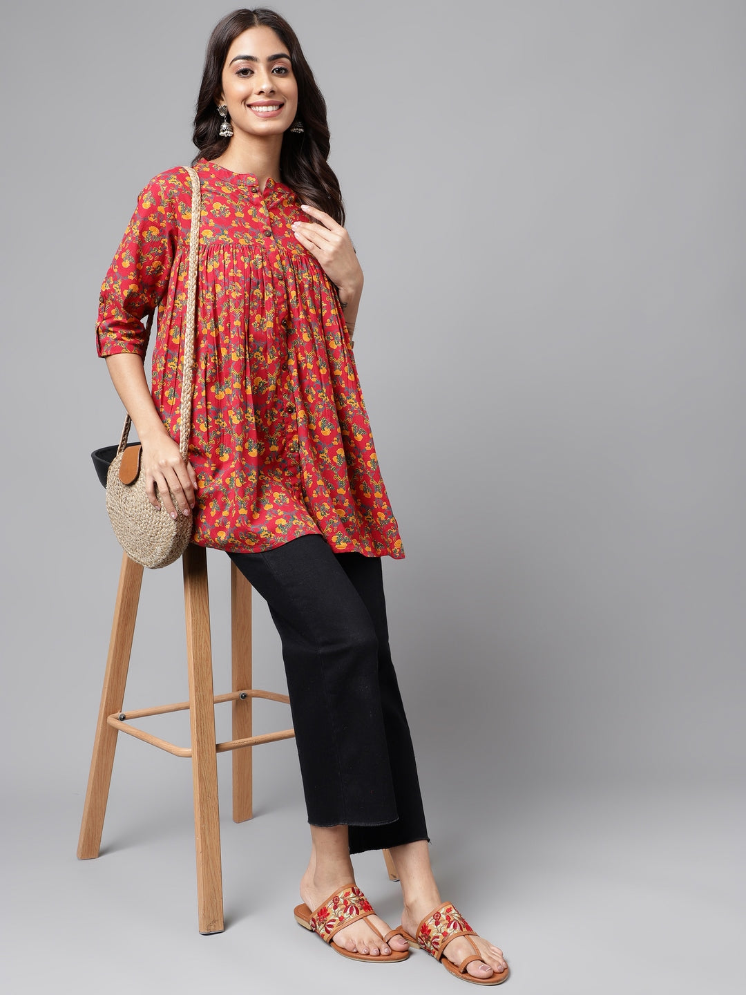 Janasya Women's Red Cotton Floral Printed Casual Empire Tunic | Swadesiicart