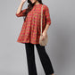 Janasya Women's Red Cotton Floral Printed Casual Empire Tunic | Swadesiicart