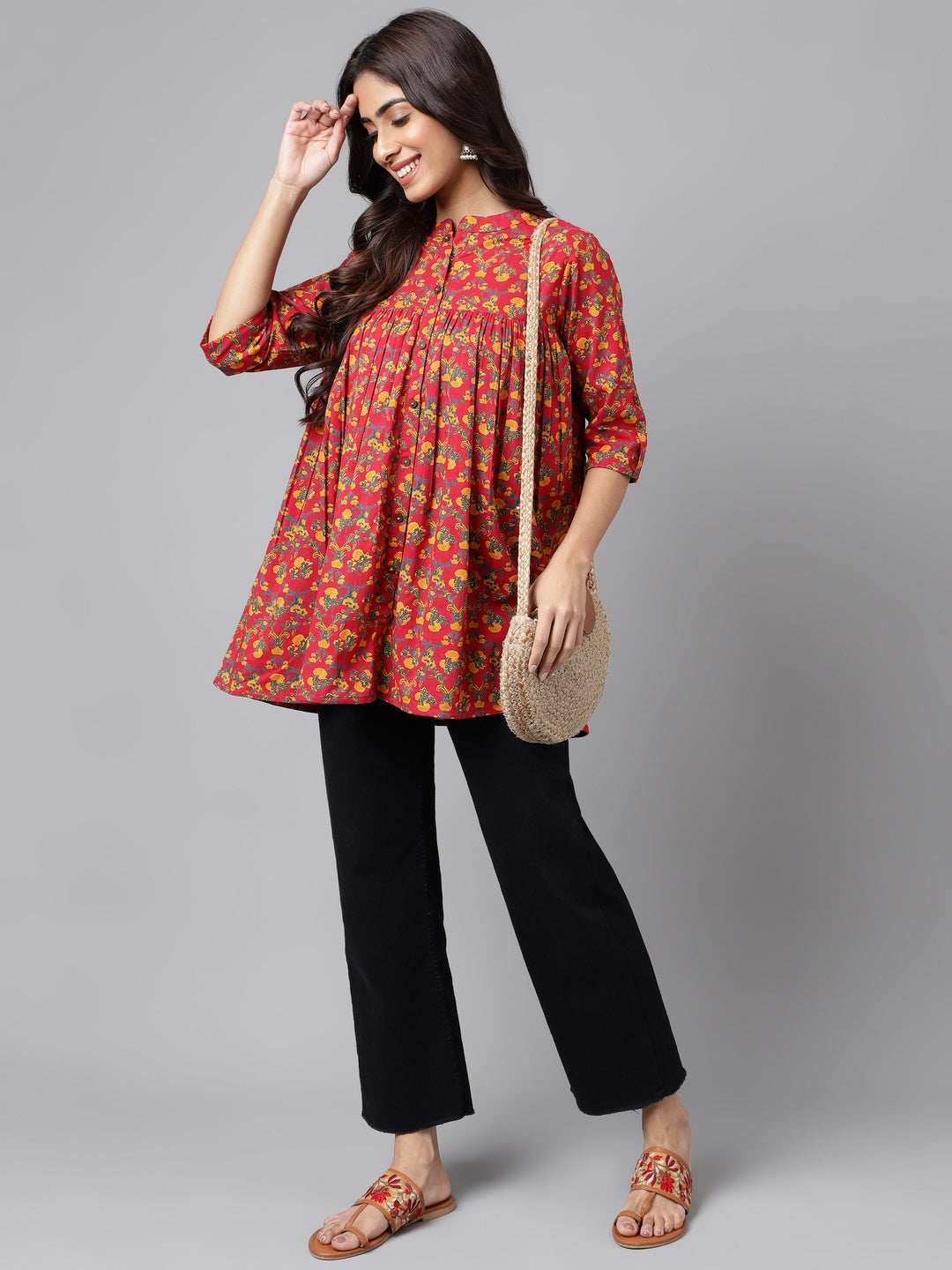 Janasya Women's Red Cotton Floral Printed Casual Empire Tunic | Swadesiicart