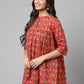 Janasya Women's Red Cotton Floral Printed Casual Empire Tunic | Swadesiicart