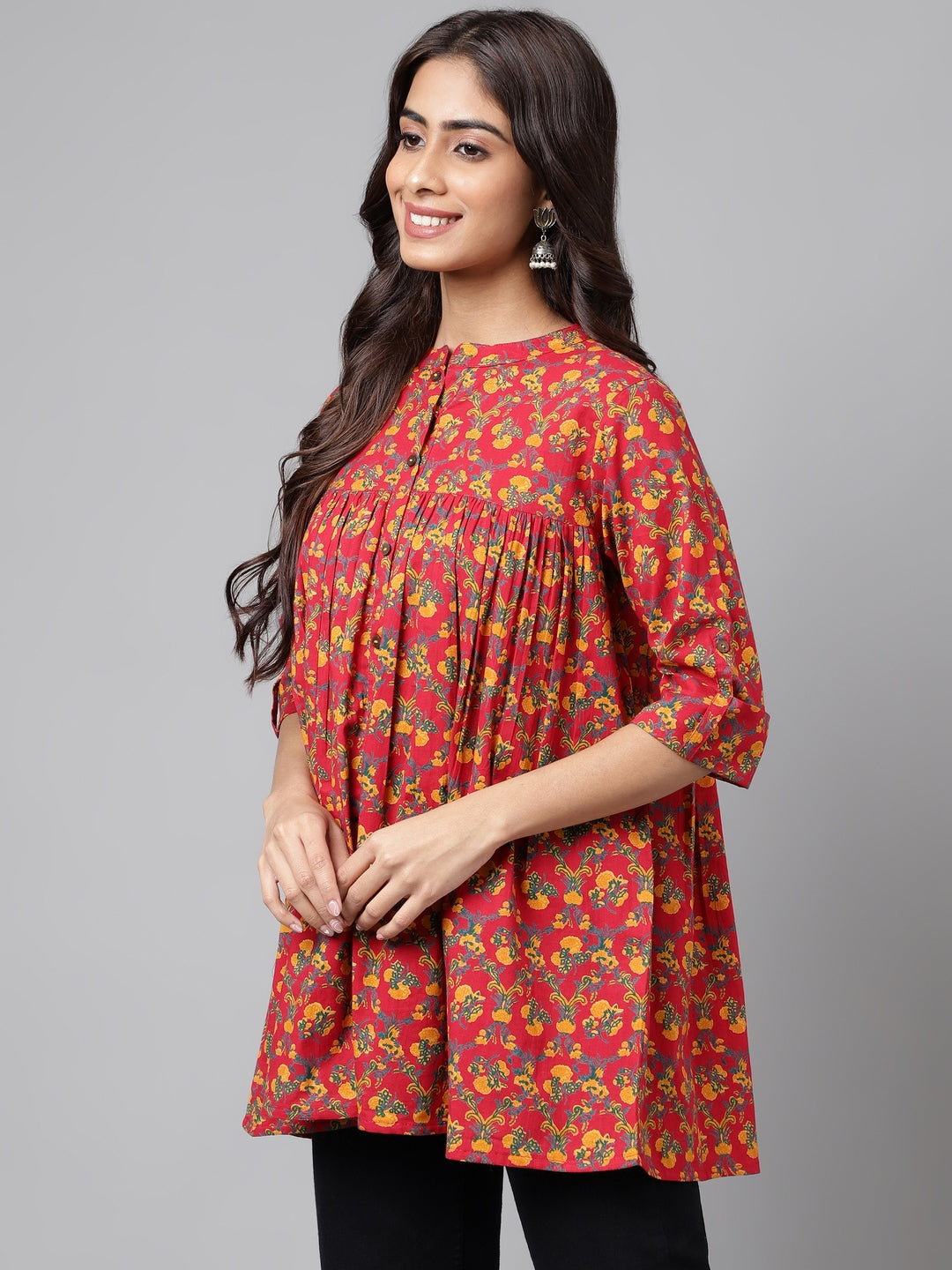 Janasya Women's Red Cotton Floral Printed Casual Empire Tunic | Swadesiicart